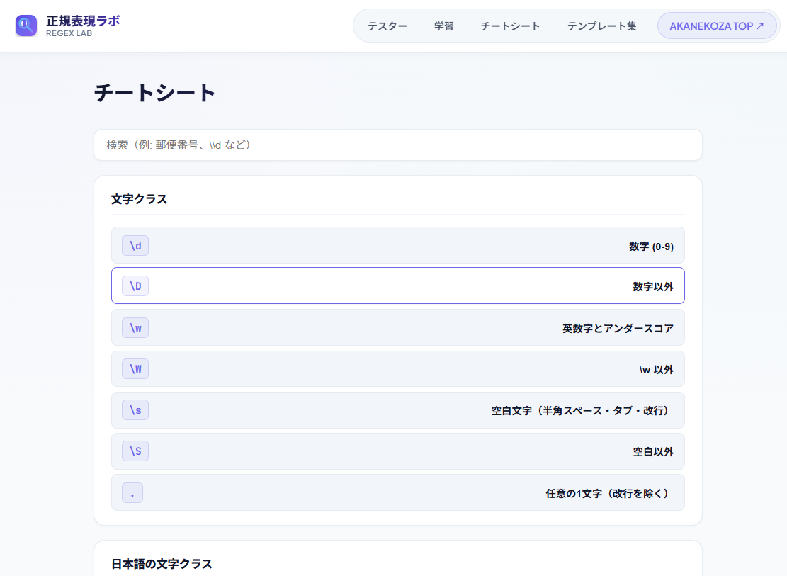 正規表現チートシートの画面